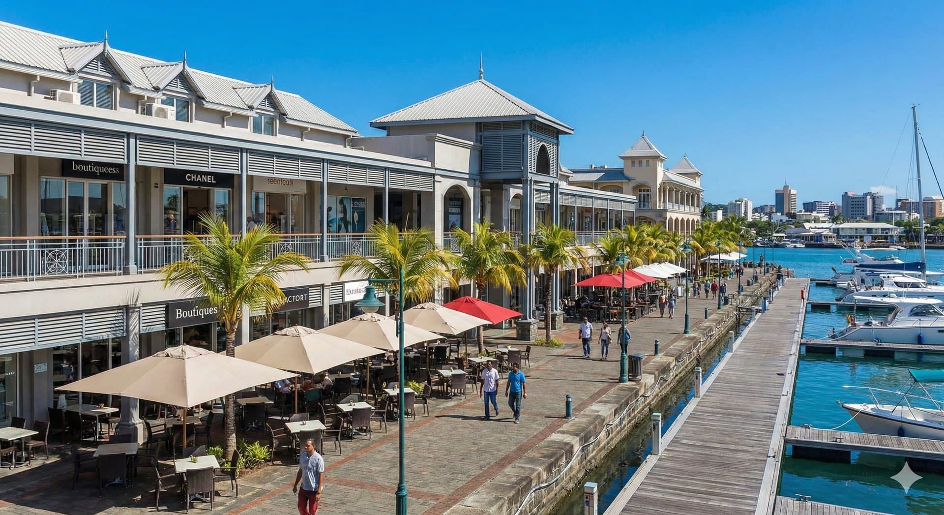 Vue d'ensemble du Caudan Waterfront, centre commercial de Port-Louis