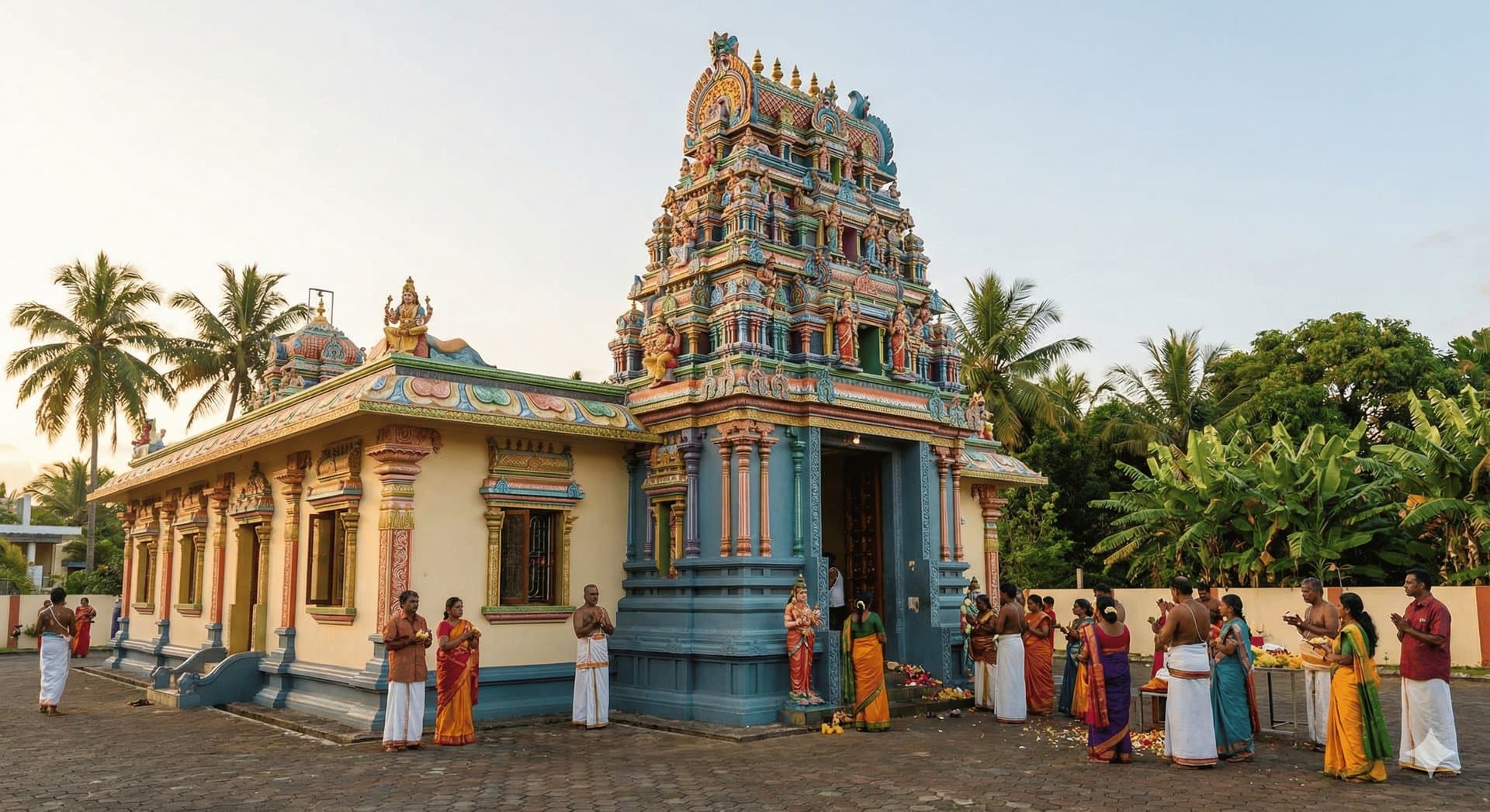 Vue d'ensemble du Temple de Triolet, plus grand temple hindou de Maurice